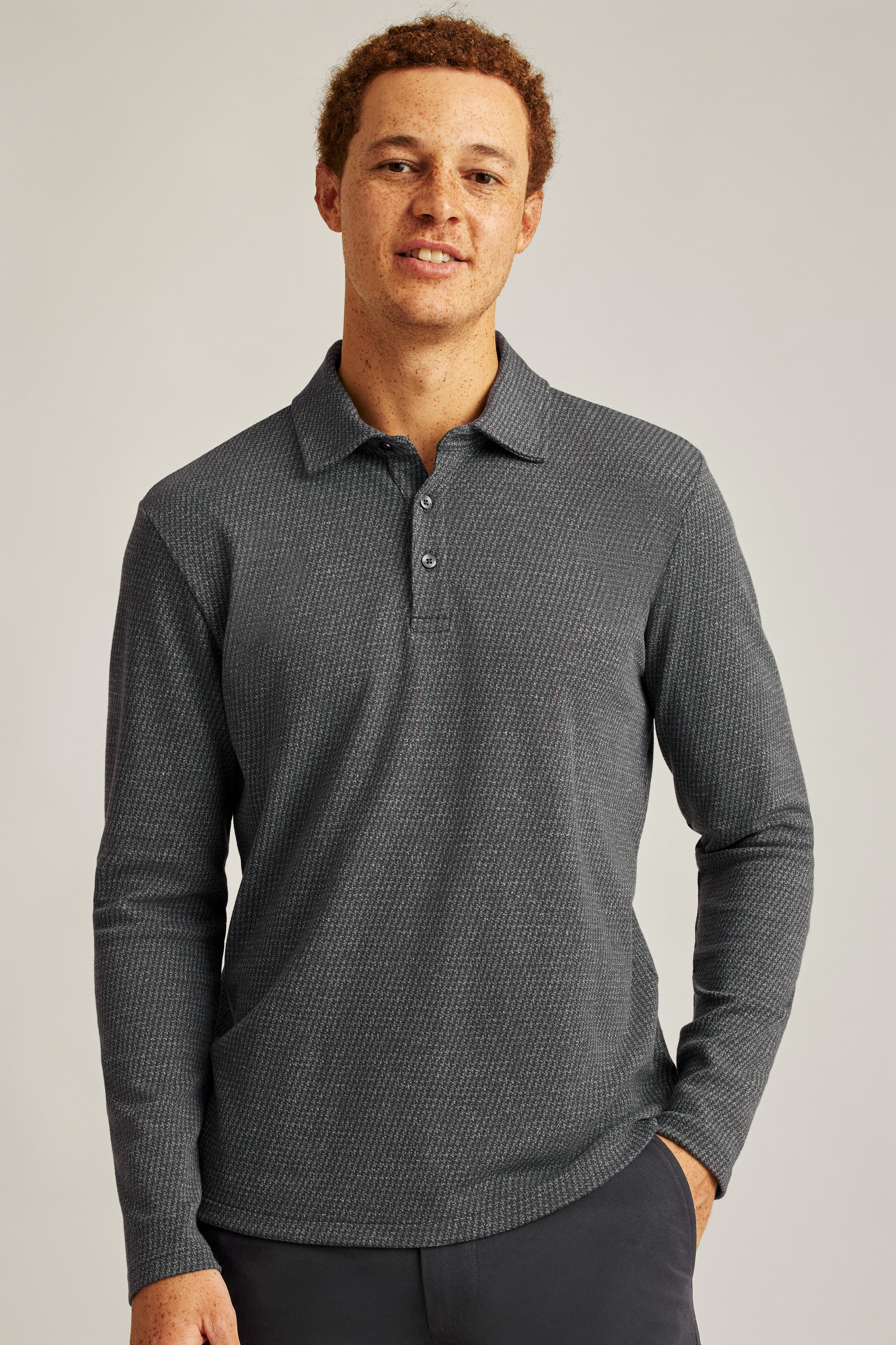 Wholesale,Bonobos, Bonobos Ash Puppytooth Luxe Long Sleeve Polo, Grey, Extra Large-47-TagXL