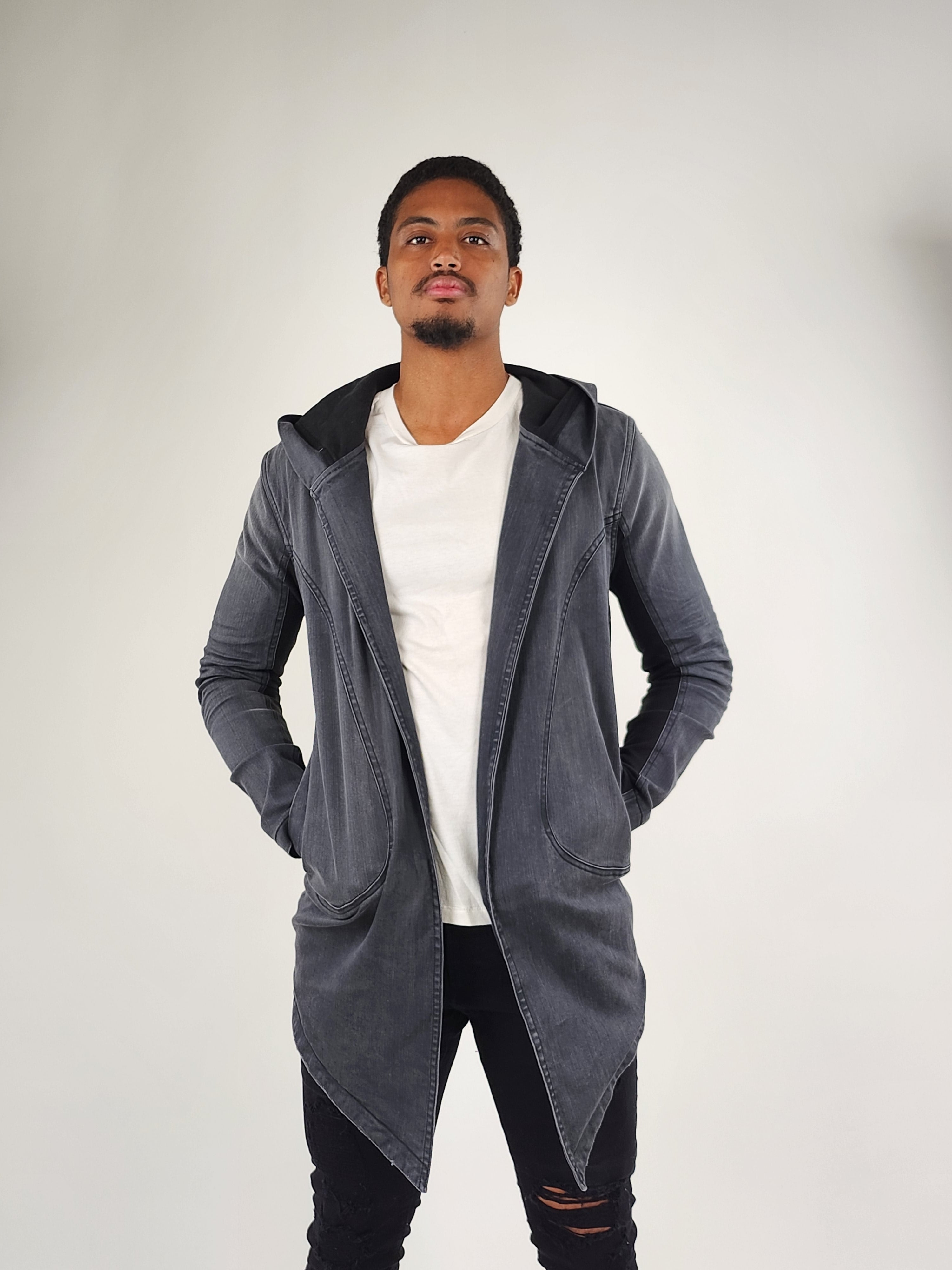 Wholesale,Reesedeluca, Reese De Luca Grey Wash Long Sleeve Hood Jacket with Black Contrast, Black, Small-41-TagM