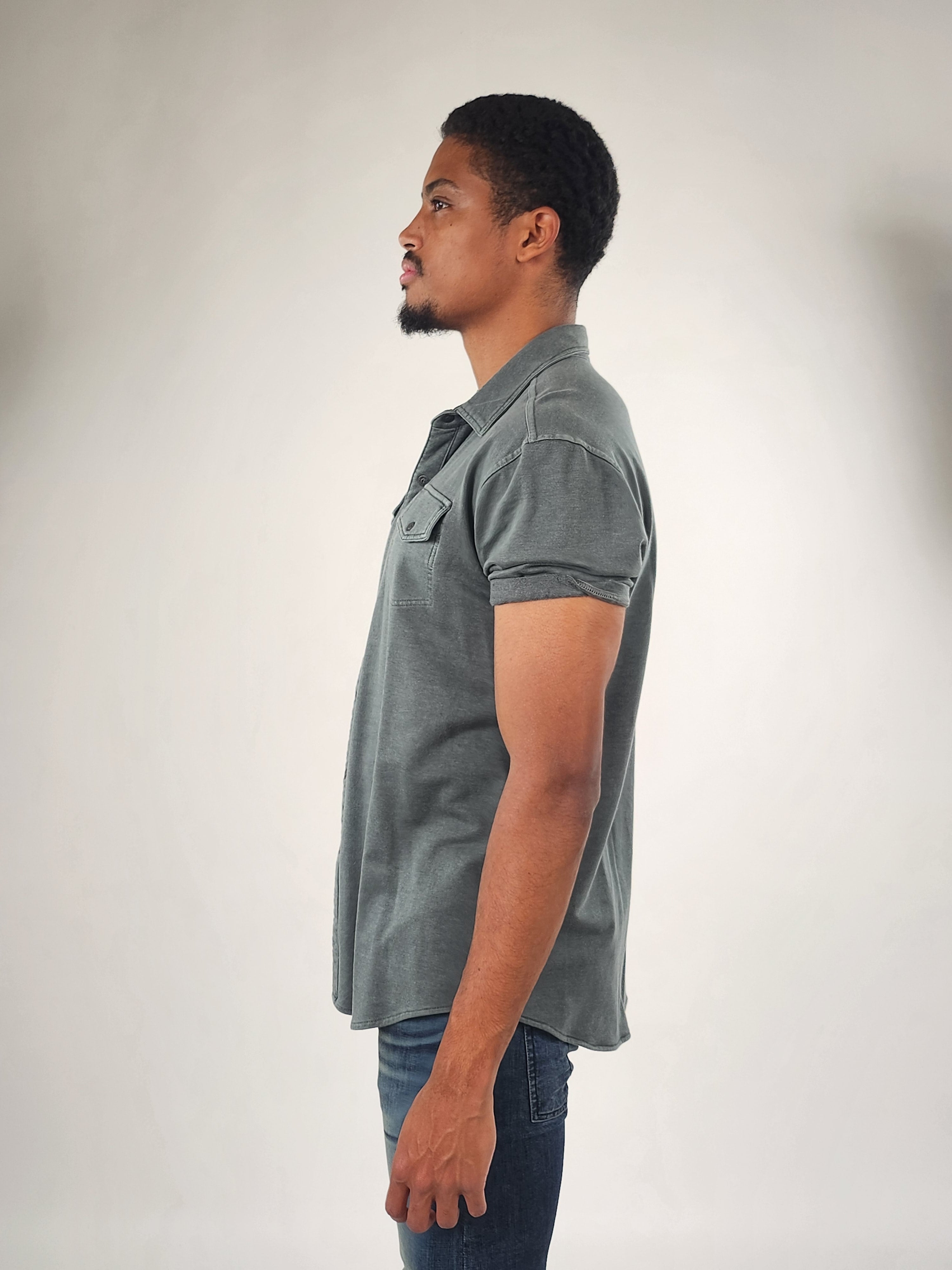 Wholesale,Reesedeluca, Reese De Luca Olive Short Sleeve Knit Snap Button Up Shirt, Green, Medium-43-TagM