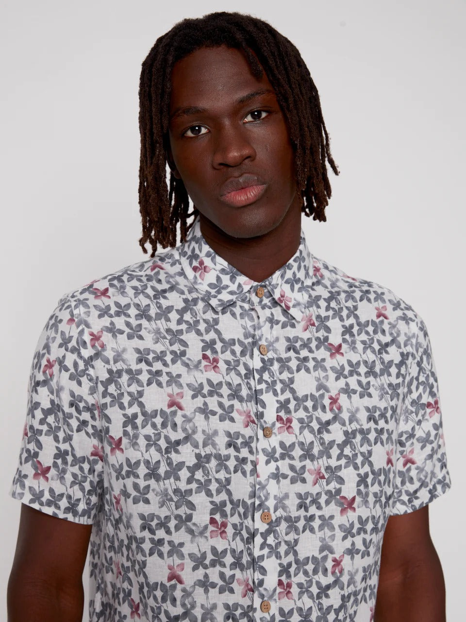 Wholesale,Projek Raw, Projek Raw Grey/White Floral Linen Blend Short Sleeve Shirt, Grey, Extra Large-48-TagXL