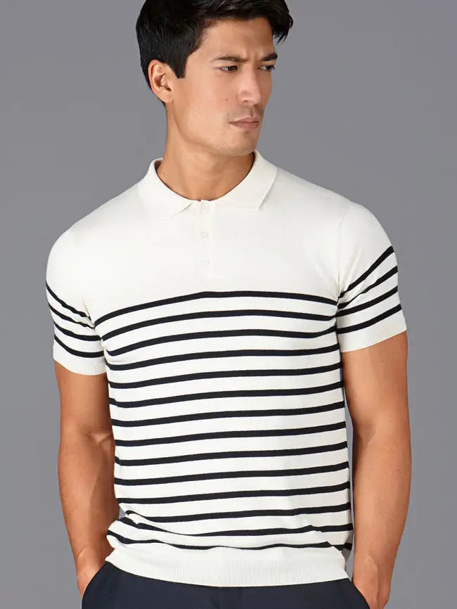 Faire,Paul James, Paul James Cream & Navy Breton Striped Shortsleeve Polo, Cream, Large-43-TagL