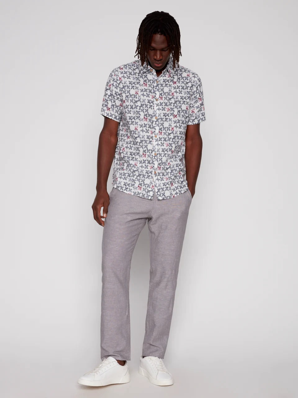 Wholesale,Projek Raw, Projek Raw Grey/White Floral Linen Blend Short Sleeve Shirt, Grey, Extra Large-48-TagXL