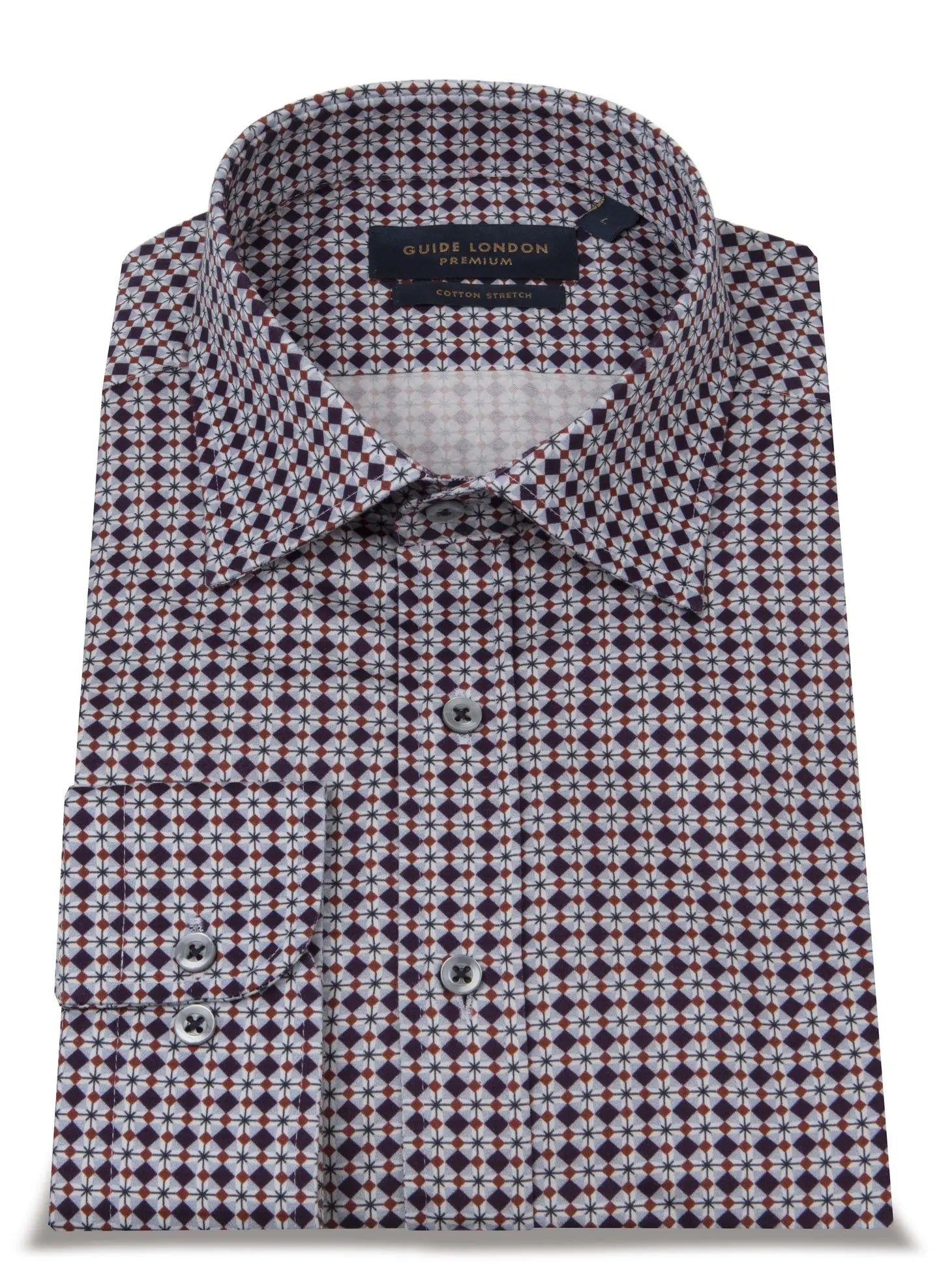 Faire,Guide London, Guide London Light Grey With Red And Navy Geometric Diamond Print Long Sleeve Button Up Shirt, Grey, Large-47-TagXL