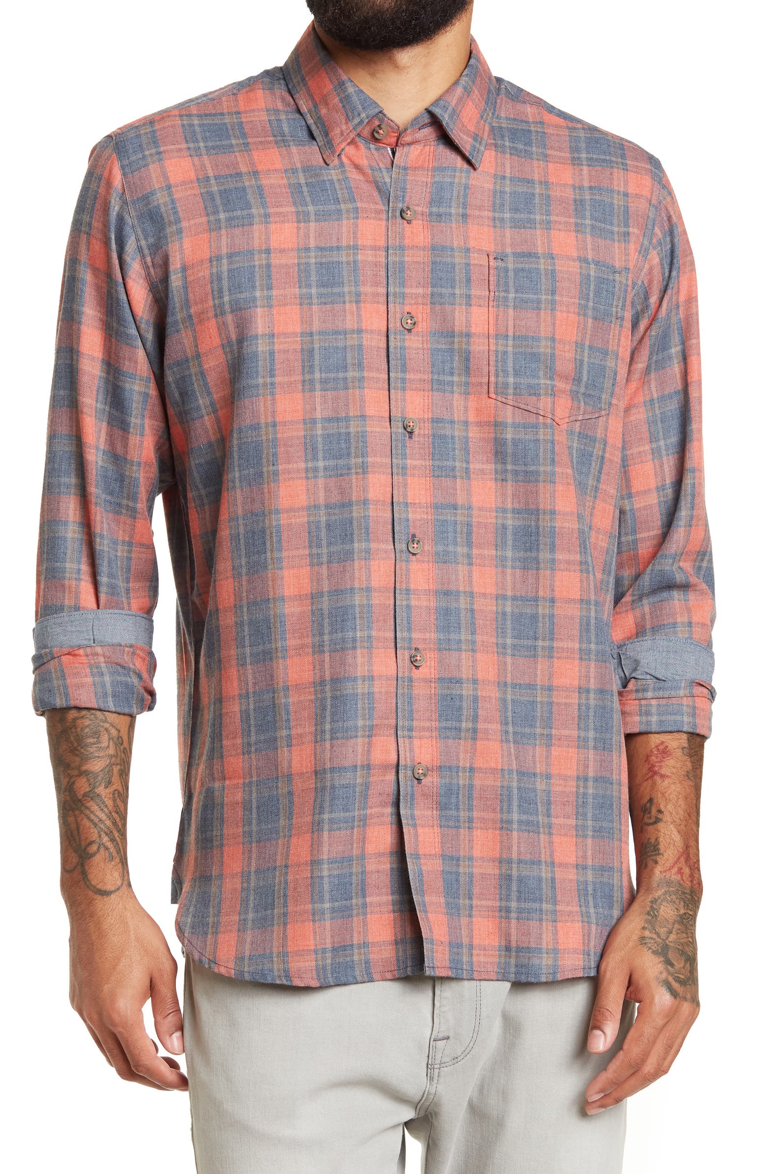 Nordstrom Rack,Thread & Cloth, Thread and Cloth Orange Plaid Button-up Shirt, Orange, Medium-42-TagM