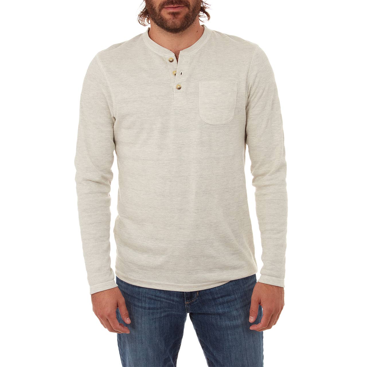 Faire,PX, PX Cream Long Sleeve Tonal Striped Henley With Front Pocket, Cream, Large-42-TagLMedium-40-TagM