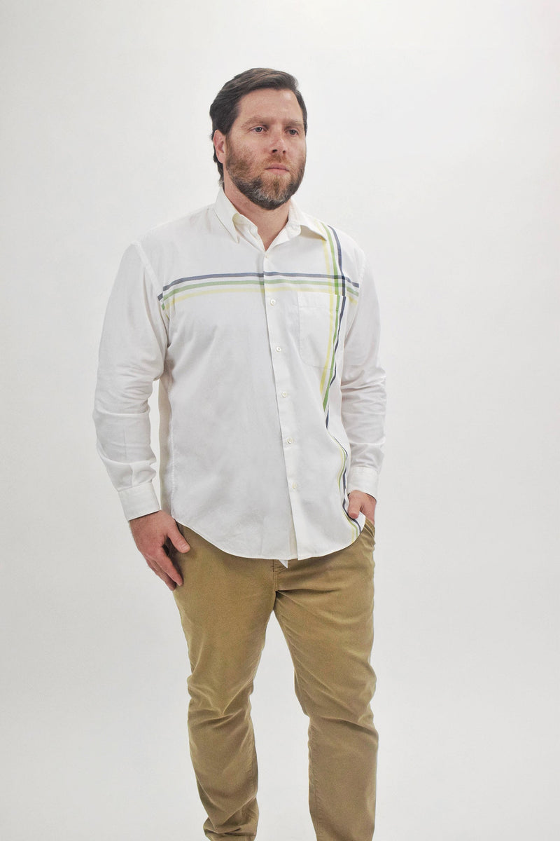 Burberry White With Green Grey & Yellow Multi Colored Frontal Striped Button Up Shirt