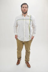 Burberry White With Green Grey & Yellow Multi Colored Frontal Striped Button Up Shirt