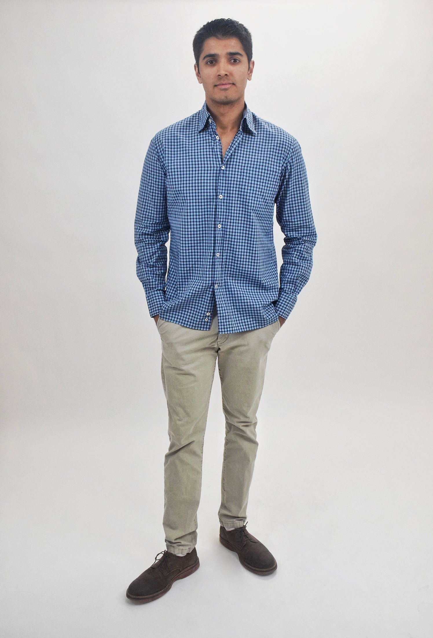 The RealReal,Canali, Canali Blue Small Plaid Print Long Sleeve Button Up Shirt, Blue, Medium-43-TagM