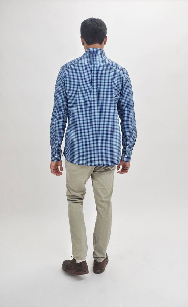 Canali Blue Small Plaid Print Long Sleeve Button Up Shirt