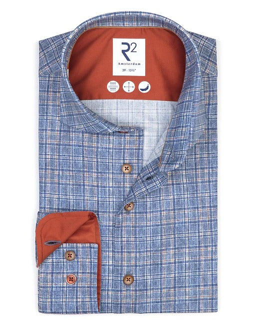 Brand Partner,R2 Amsterdam, R2 Amsterdam Blue Checkered Stretch Long Sleeve Button Up Shirt, Blue, Small-41-Tag39