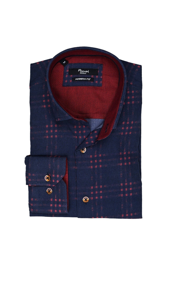 Mizumi Navy/Burgundy Plaid Long Sleeve Button Up Shirt