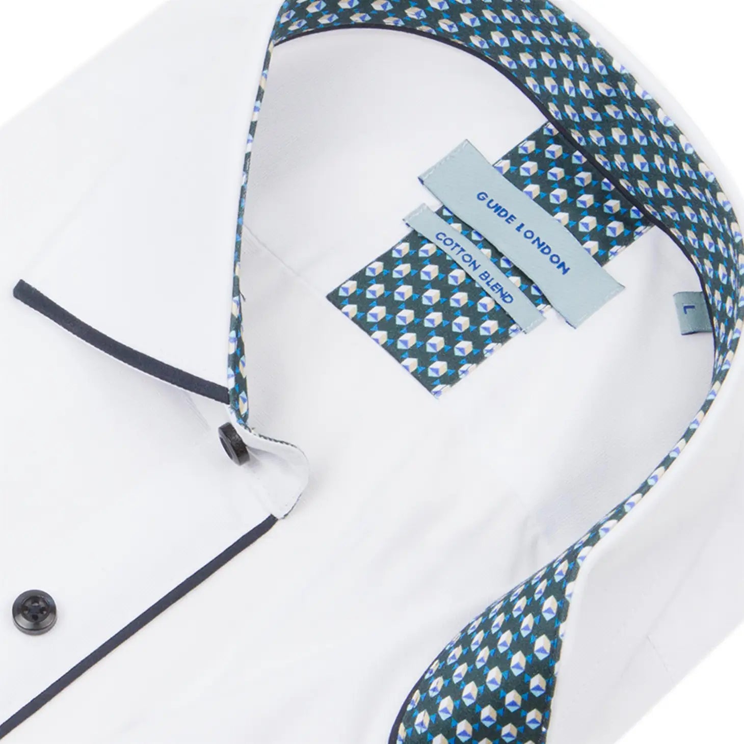 Faire,Guide London, Guide London White Long Sleeve Button Up Shirt With Navy Detail Trim, White, Large-47-TagXL