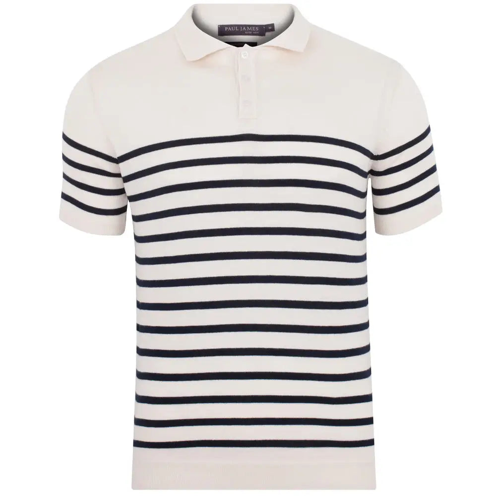 Faire,Paul James, Paul James Cream & Navy Breton Striped Shortsleeve Polo, Cream, Large-43-TagL