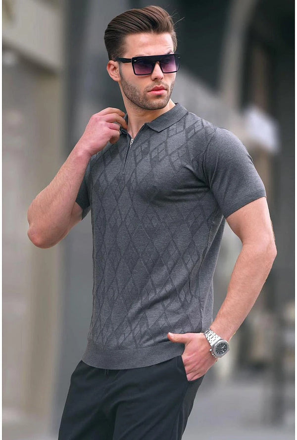 Madmext Dark Grey Patterned Knitwear Mens Short Sleeve Zip Polo