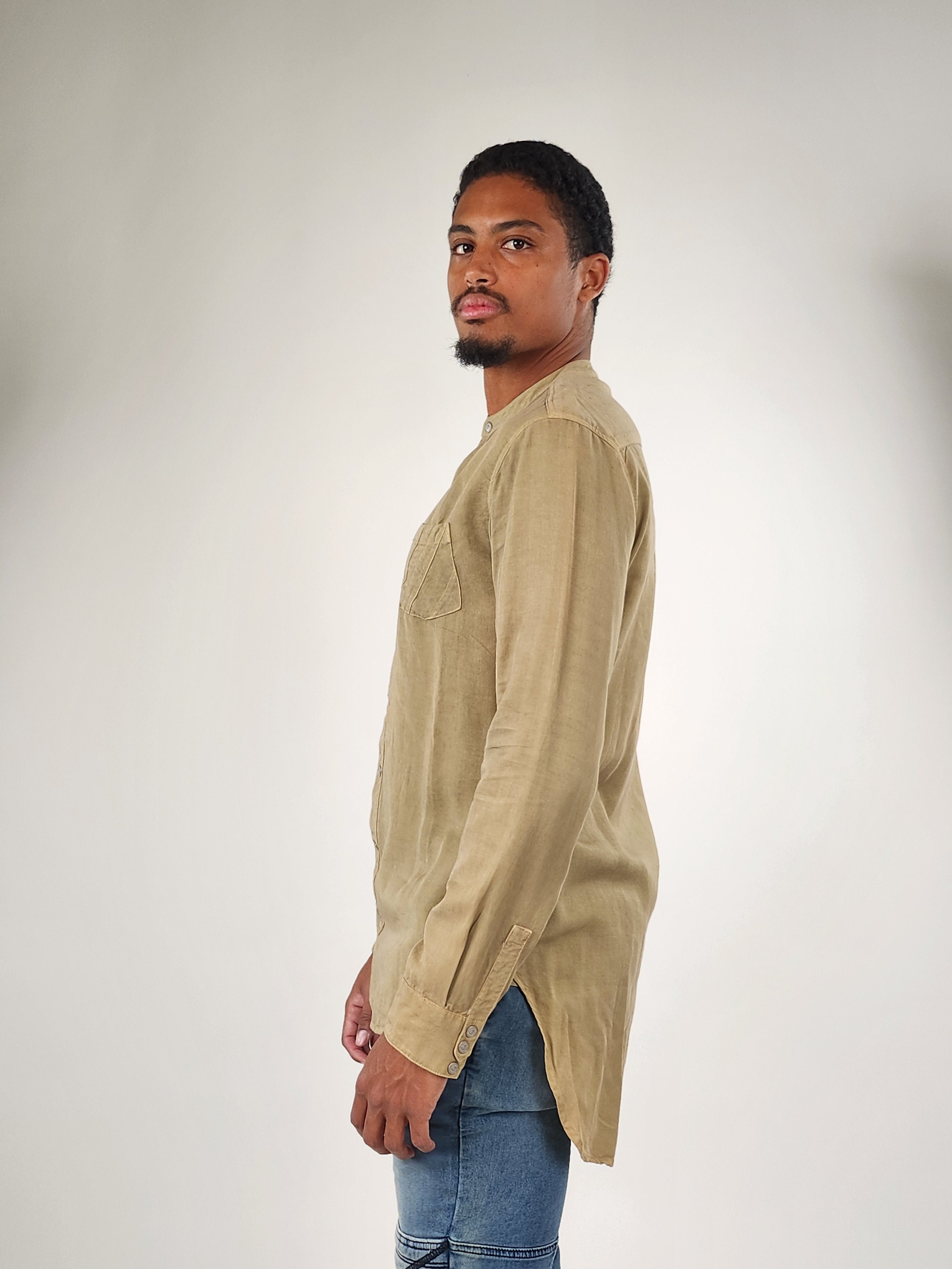 Wholesale,Reesedeluca, Reese De Luca Beige Green Long Sleeve Snap Button Shirt, Tan, Medium-42-TagM