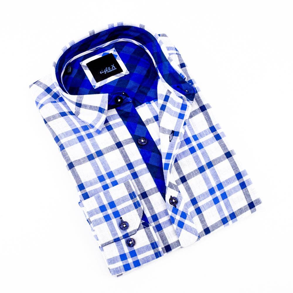 Faire,Eight X, Eight X Blue Plaid Linen Button Up, Blue, Medium-43-TagXL
