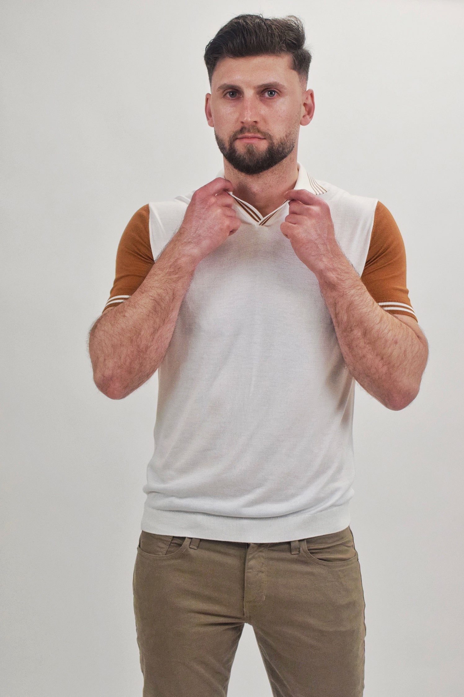 Wholesale,Suit Sartoria, Suit Sartoria Cream With Dark Orange Contrast Sleeve Buttonless Knit Short Sleeve Polo, White, Extra Large-45-TagXLLarge-44-TagLMedium-42-TagM