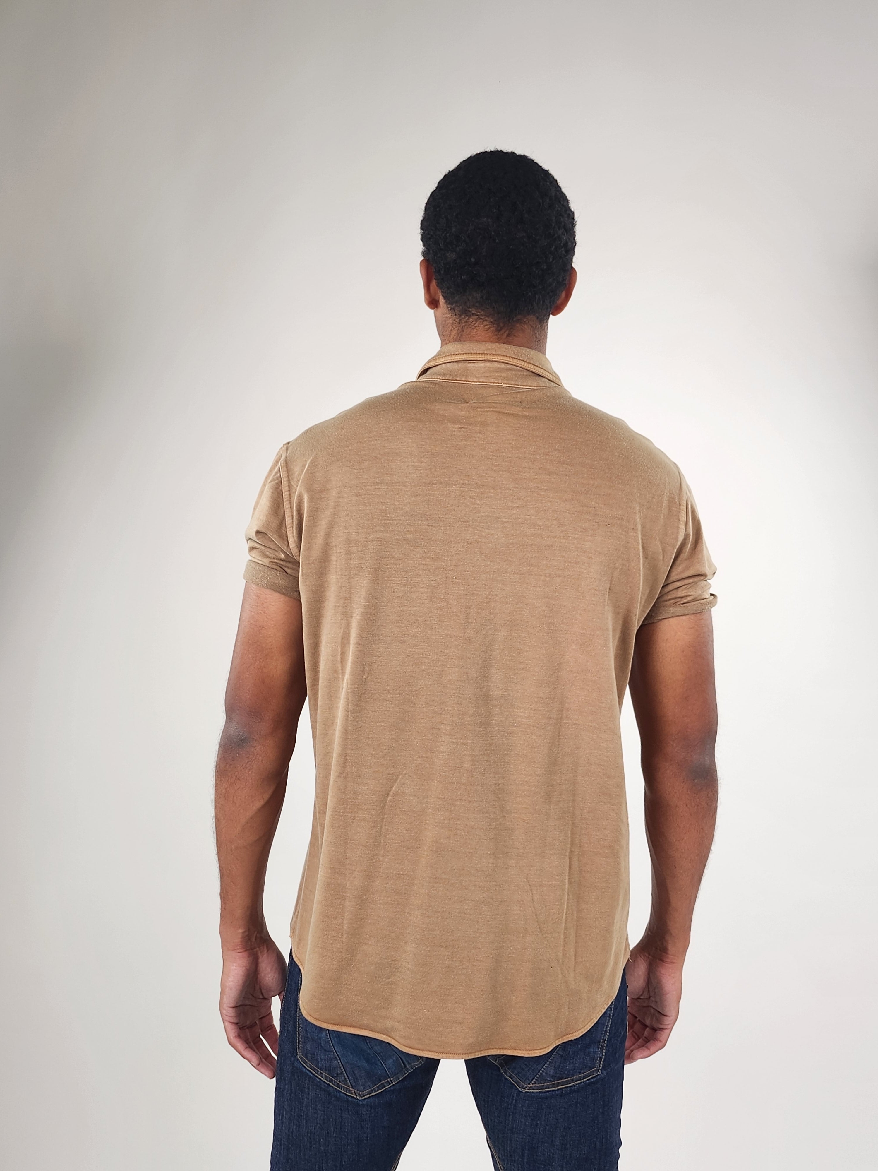 Wholesale,Reesedeluca, Reese De Luca Tan Short Sleeve Knit Snap Button Up Shirt, Tan, Medium-44-TagM