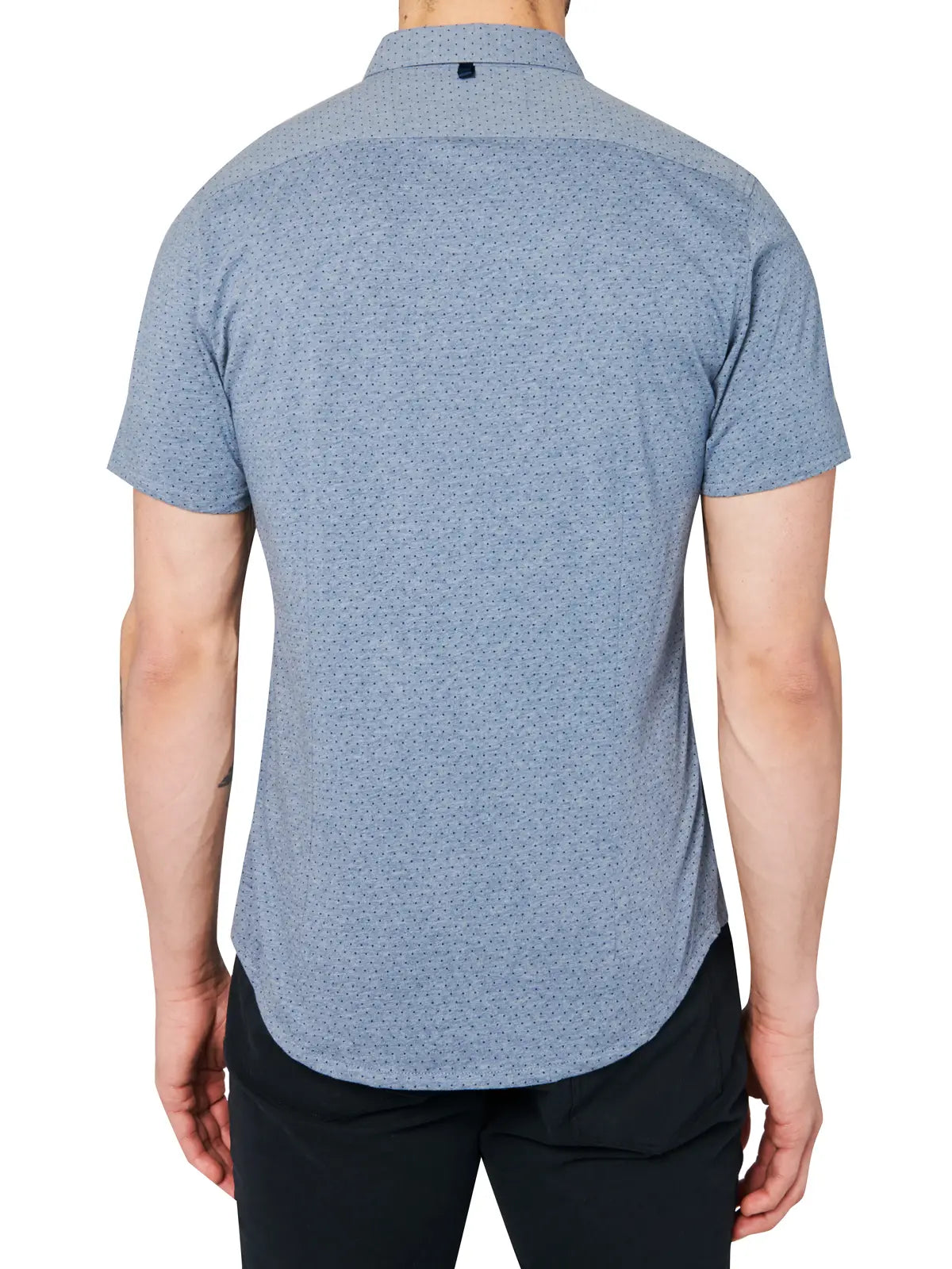 W.R.K., W.R.K Reworked Chambray Blue Dot Print Short Sleeve Shirt, Blue, Extra Large-48-TagXXLLarge-46-TagXLLarge-44-TagLMedium-42-TagMSmall-40-TagSExtra Large-46-TagXL