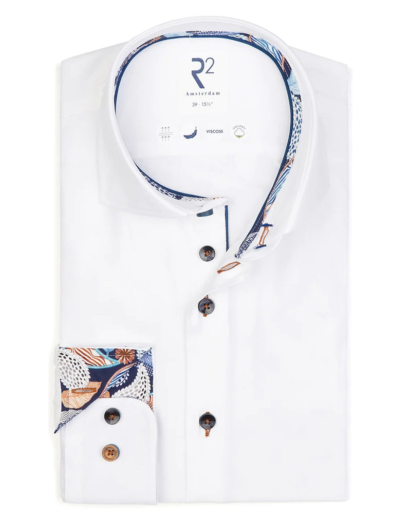 R2 Amsterdam White Long Sleeve Button Up Shirt Paisley Print Contrast