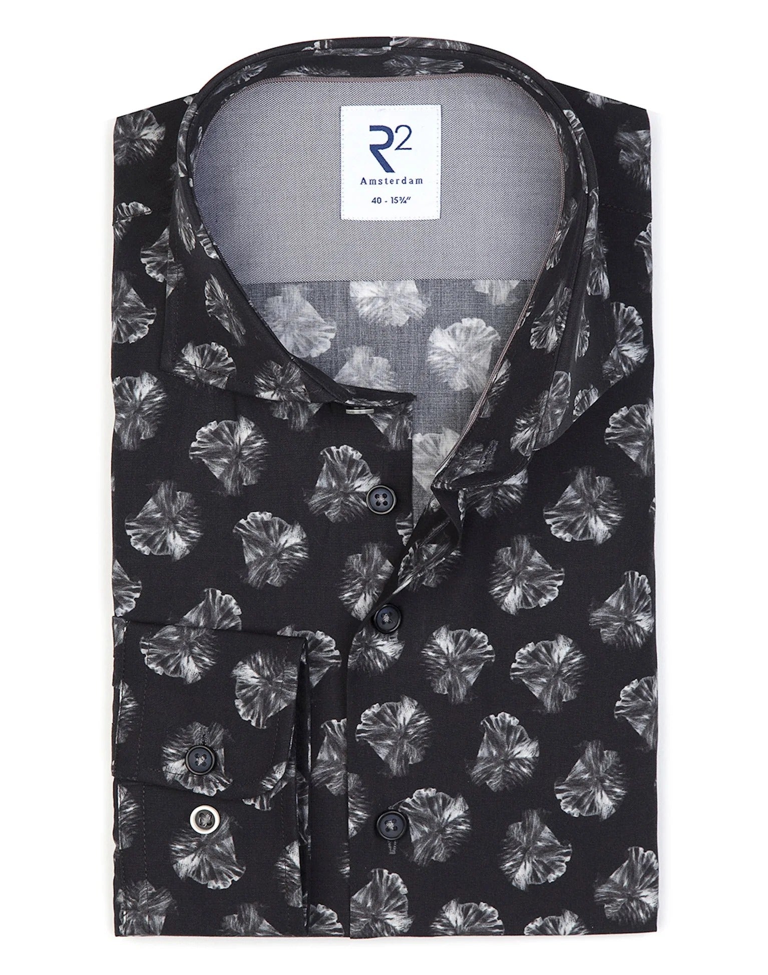 Brand Partner,R2 Amsterdam, R2 Amsterdam Black Leaf Print Long Sleeve Button Up Shirt, Black, Medium-43-Tag41Medium-45-Tag42Extra Large-50-Tag44