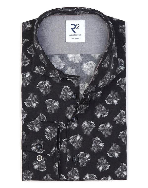 R2 Amsterdam Black Leaf Print Long Sleeve Button Up Shirt