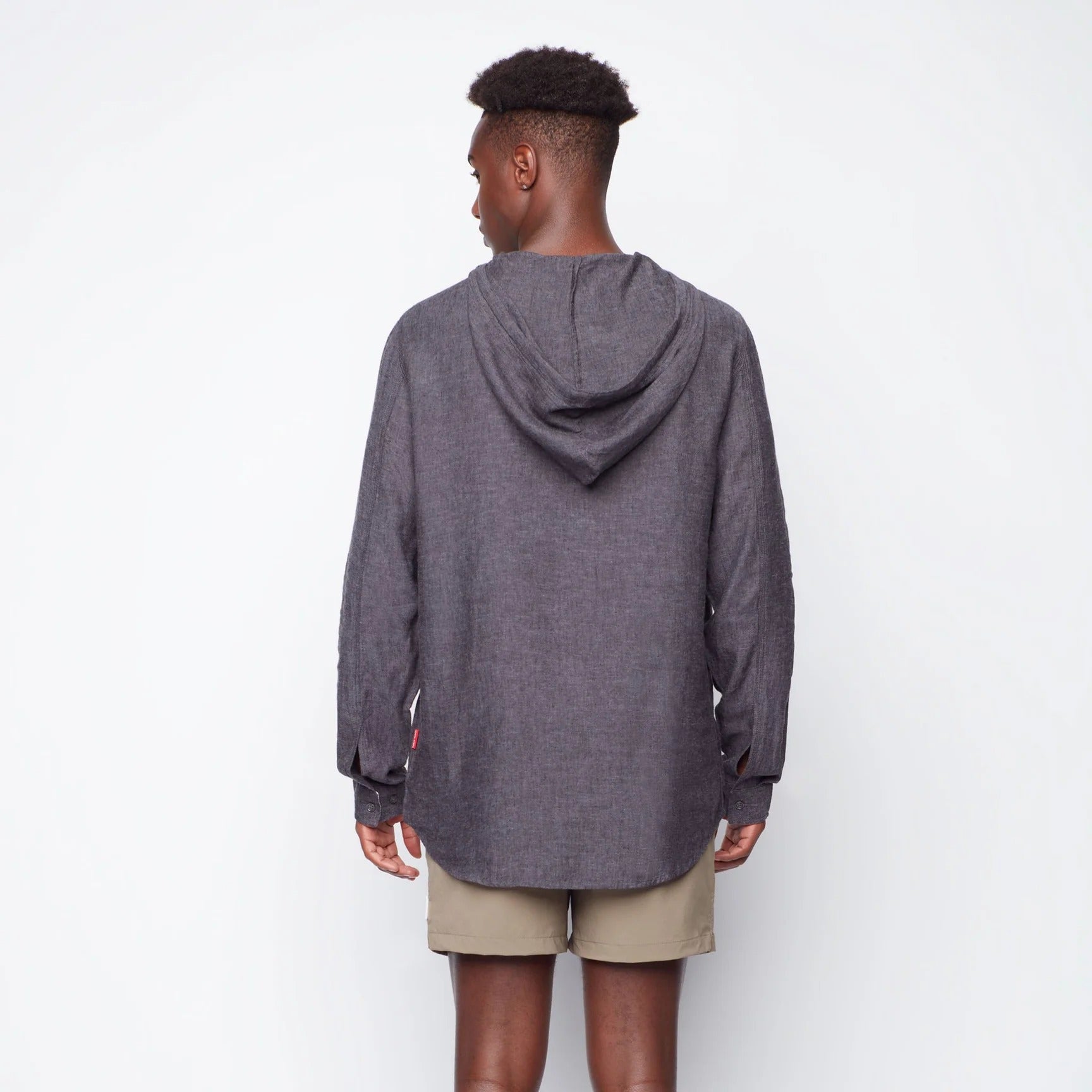 Wholesale,Public Beach, Public Beach Charcoal Linen Blend Long Sleeve Shirt with Hood, Grey, Small-42-TagSMedium-44-TagMLarge-46-TagLExtra Large-50-TagXLExtra Extra Large-52-TagXXL