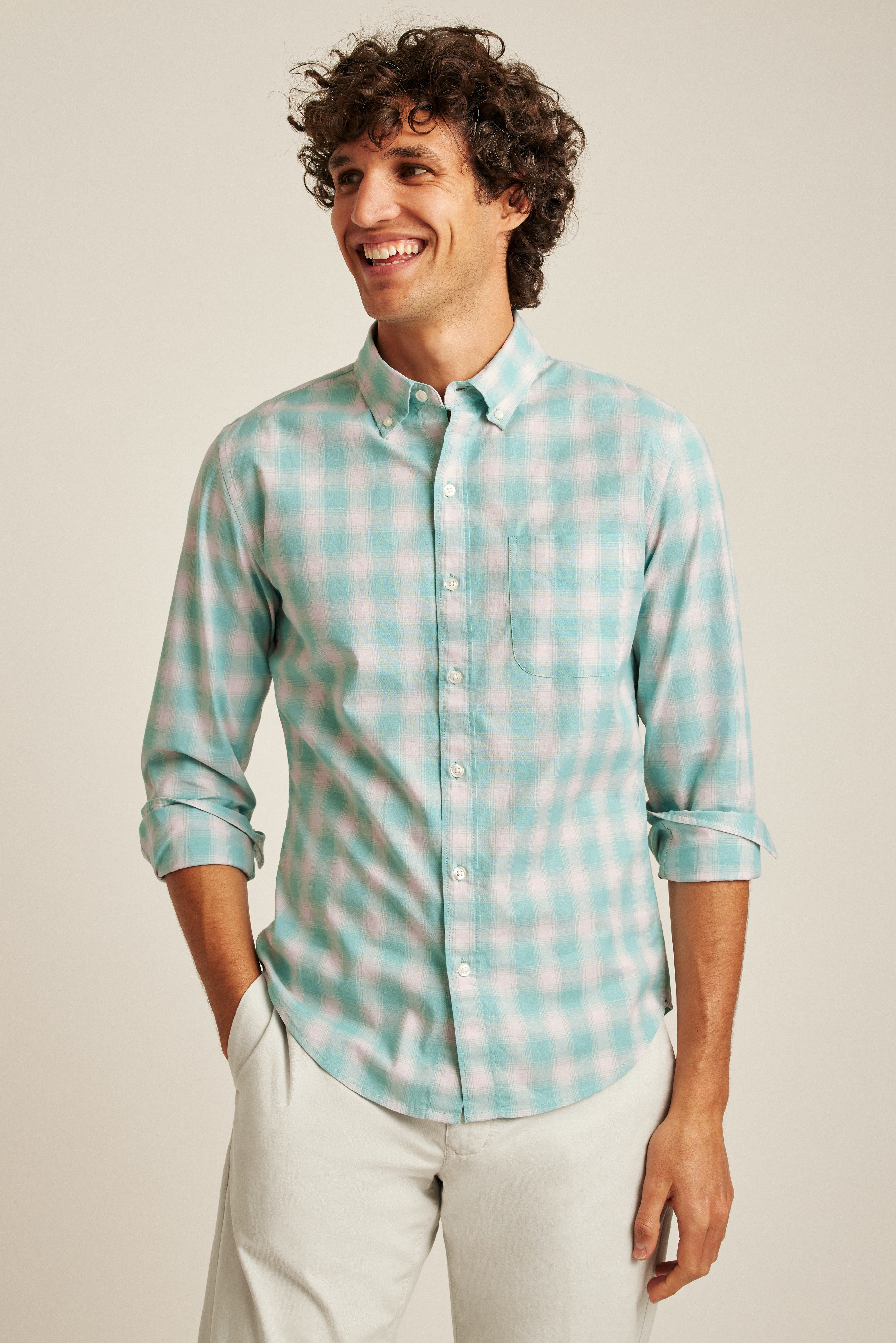 Wholesale,Bonobos, Bonobos Pastel Green Plaid Stretch Long Sleeve Shirt, Green, Large-45-TagL
