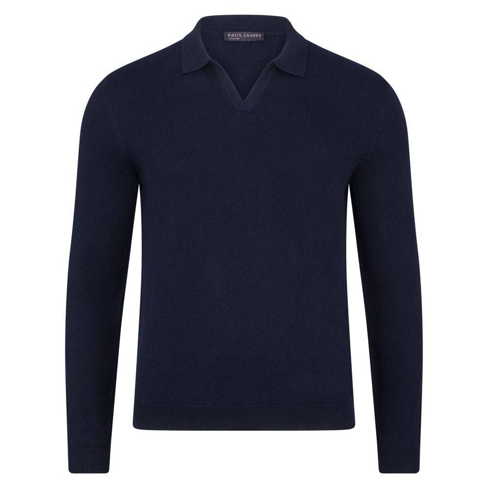 Faire,Paul James, Paul James Navy Buttonless Knit Longsleeve Polo, Blue, Extra Large-48-TagXL