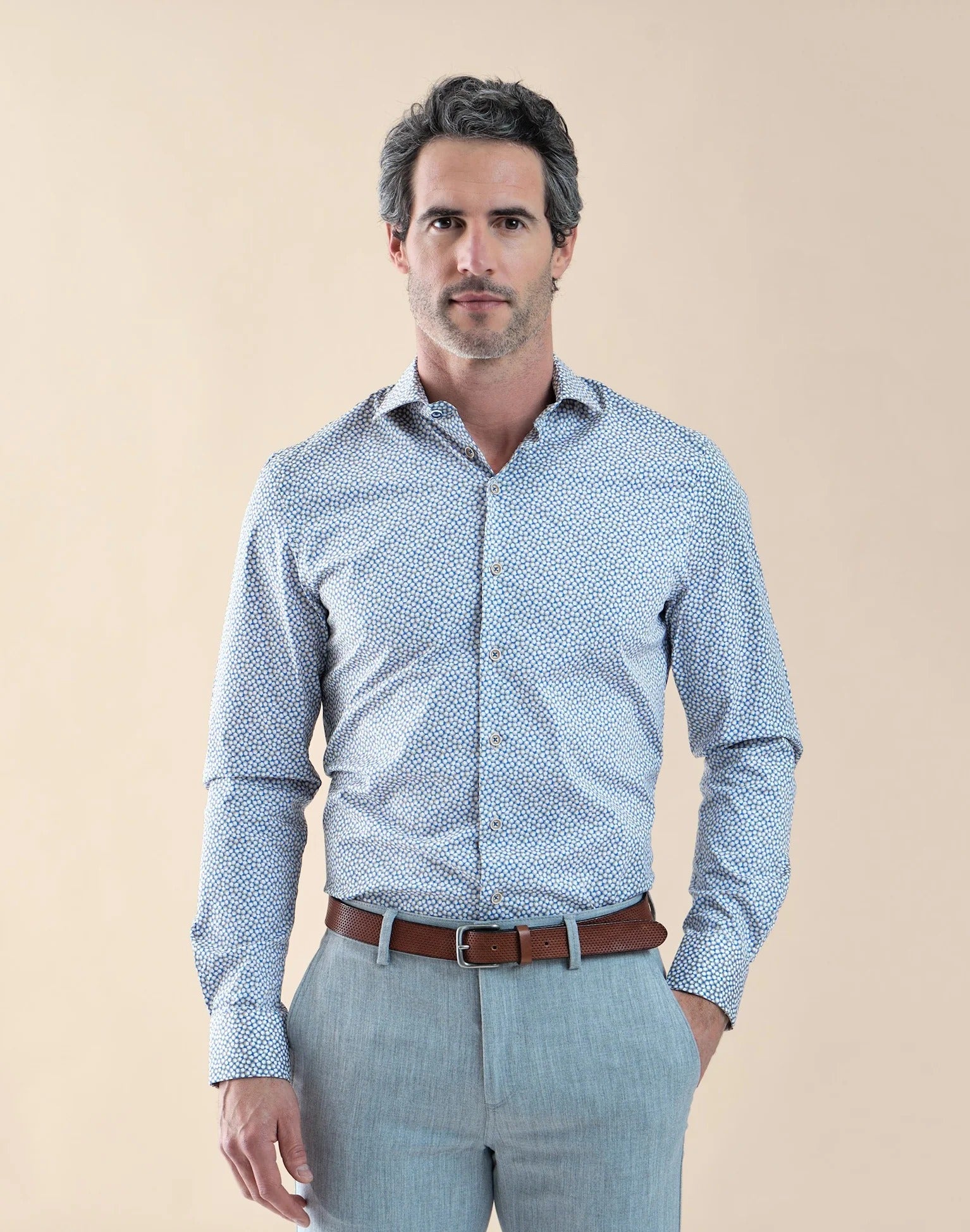 Brand Partner,R2 Amsterdam, R2 Amsterdam Blue Coffee Cup Print Long Sleeve Button Up Shirt, Blue, Medium-45-Tag42