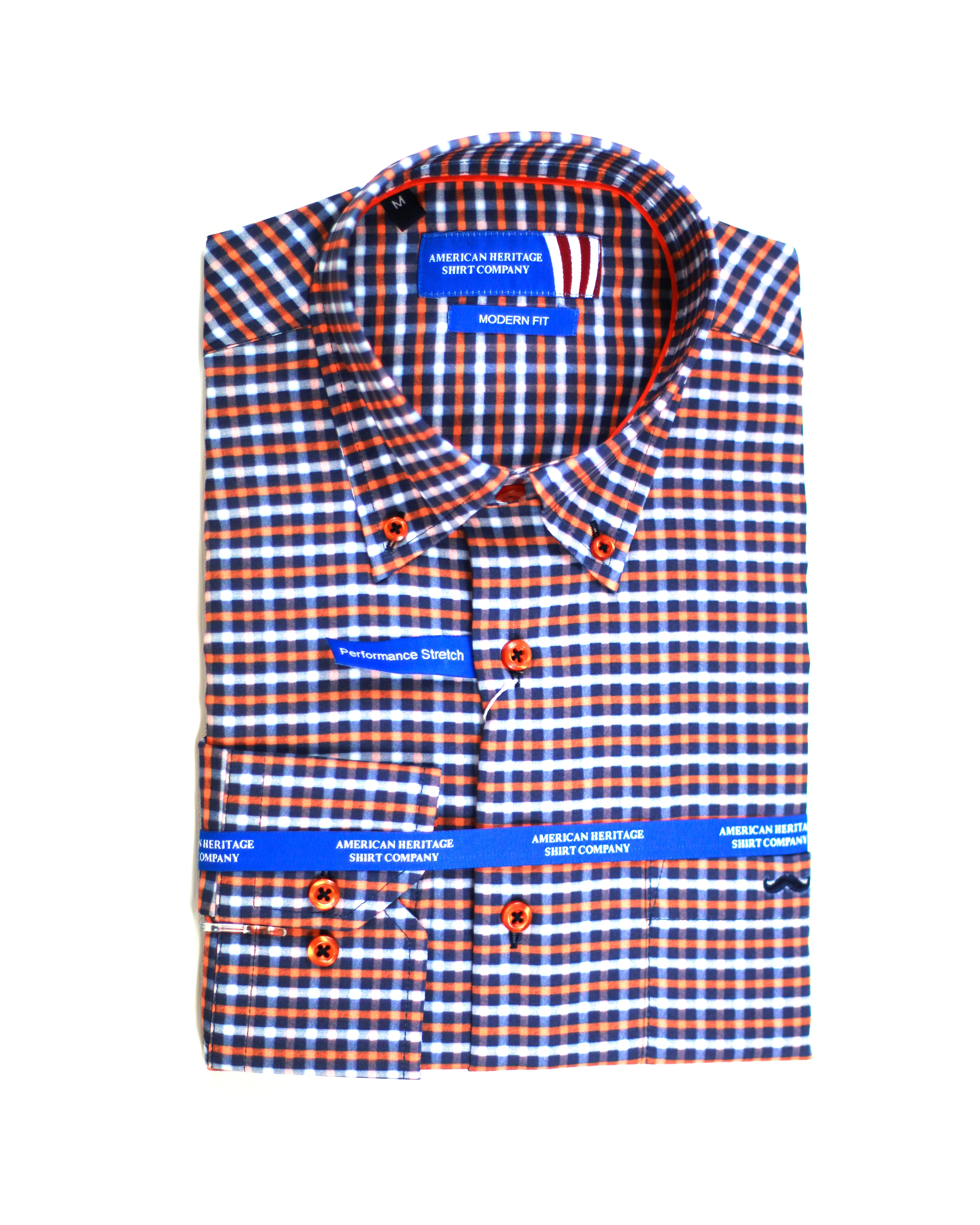 Wholesale,American Heritage, American Heritage Blue/Orange Check Performance Stretch Shirt, Blue, Medium-44-TagM