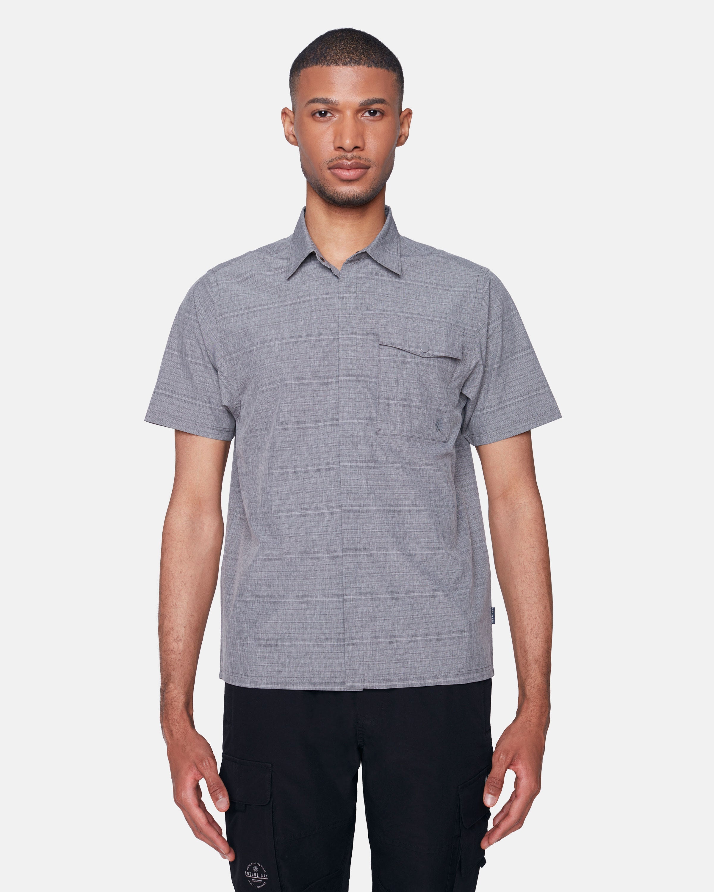 Wholesale,Projek Raw, Projek Raw Charcoal Stripe 4 Way Stretch Short Sleeve Button Up Shirt, Grey, Extra Large-48-TagXLLarge-46-TagLMedium-43-TagMSmall-41-TagS