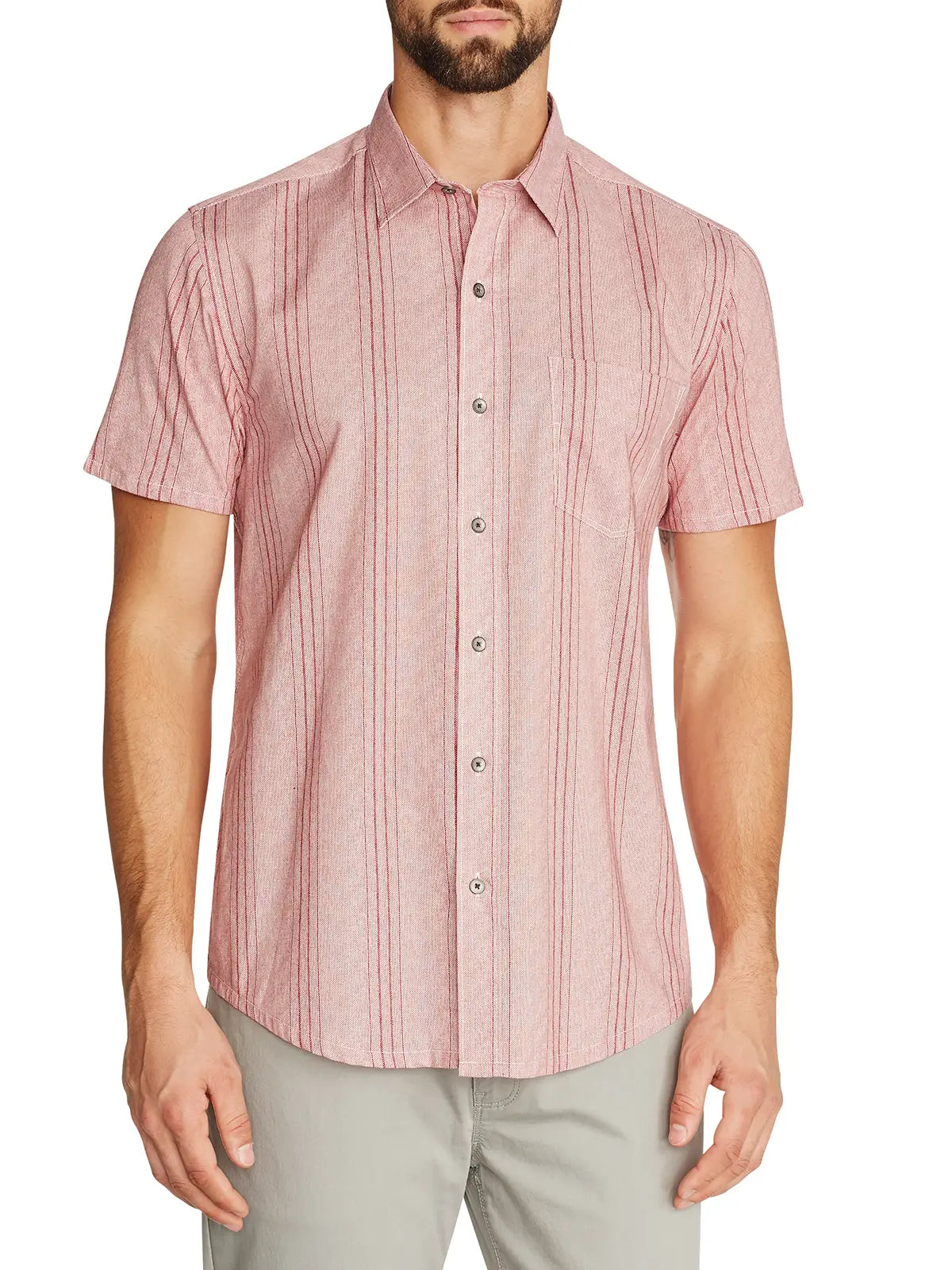W.R.K., W.R.K Reworked Red Vertical Stripe Short Sleeve Shirt, Red, Small-40-TagS