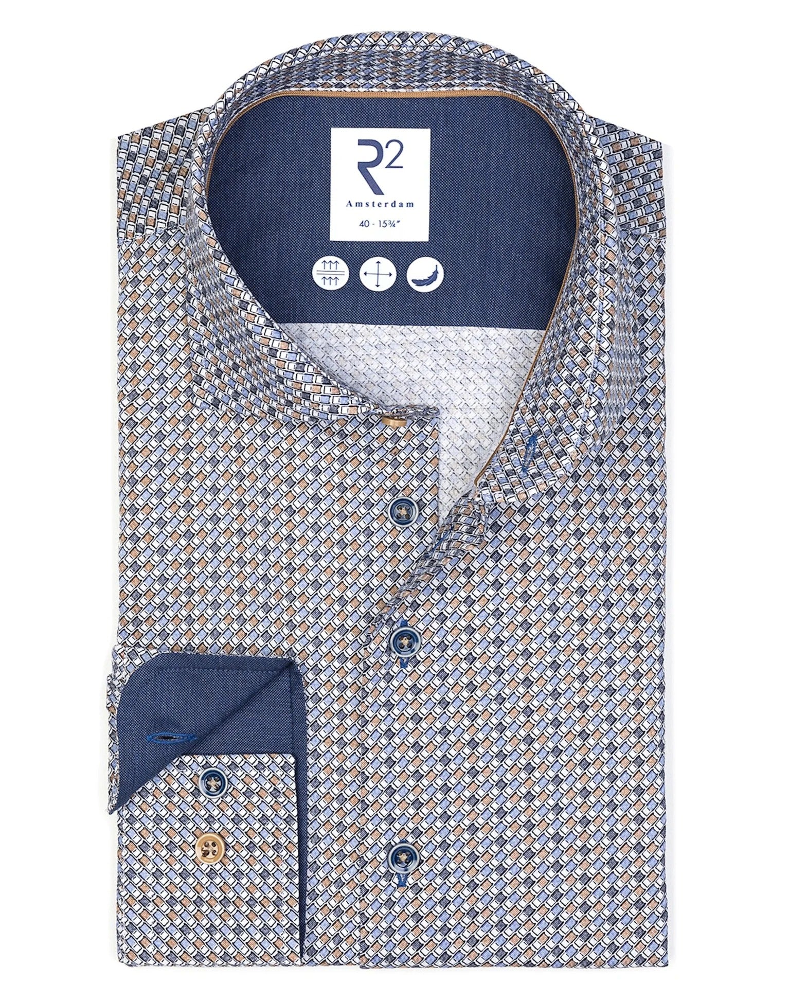 Brand Partner,R2 Amsterdam, R2 Amsterdam Blue Suitcase Print Cotton Long Sleeve Button Up Shirt, Blue, Small-41-Tag39Extra Large-50-Tag44