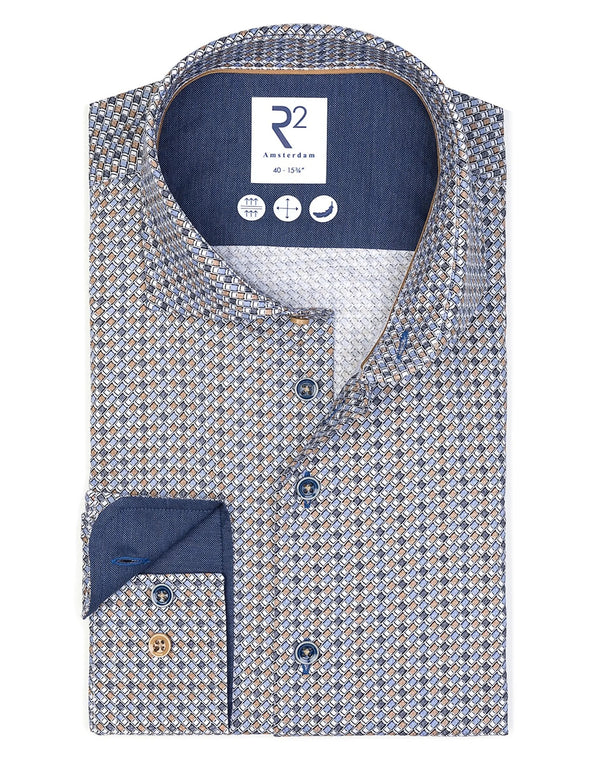 R2 Amsterdam Blue Suitcase Print Cotton Long Sleeve Button Up Shirt