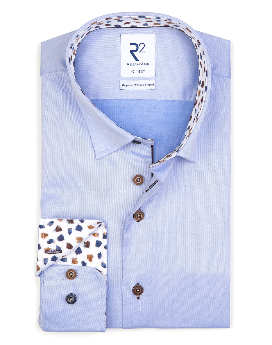 Brand Partner,R2 Amsterdam, R2 Amsterdam Light Blue 2 PLY Long Sleeve Button Up Shirt with Blue and Beige Print Contrast, Blue, Extra Large-48-Tag43