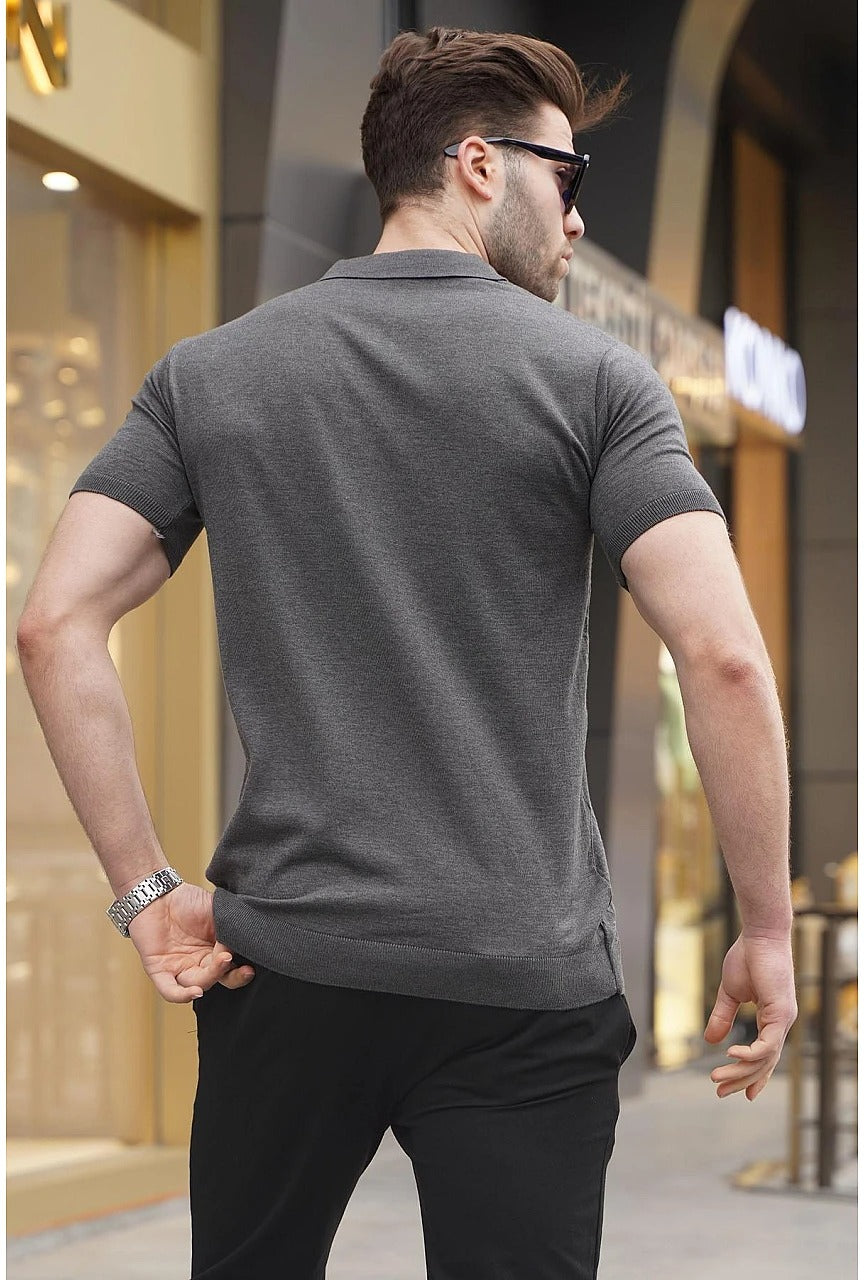 Wholesale,Madmext, Madmext Dark Grey Patterned Knitwear Mens Short Sleeve Zip Polo, Grey, Small-38-TagS