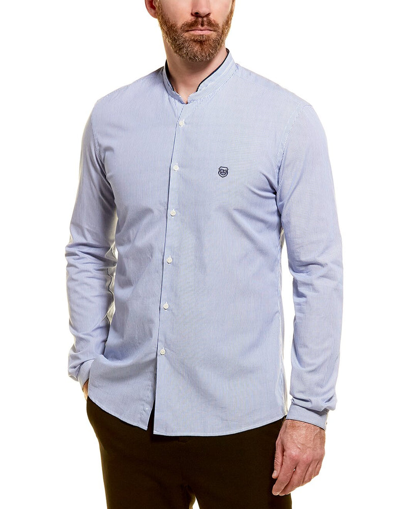 The Kooples Sport Light Blue Striped Mandarin Collar Poplin Button Up Shirt