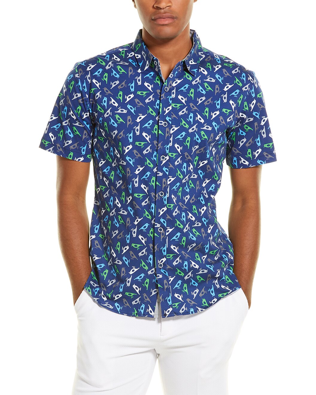 GILT,Loft 604, Loft 604 Blue Birds Print Stretch Knit Short Sleeve Button Up Shirt, Blue, Medium-42-TagM