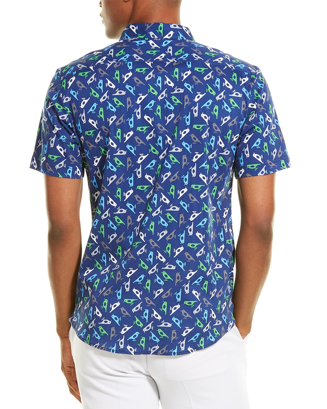 GILT,Loft 604, Loft 604 Blue Birds Print Stretch Knit Short Sleeve Button Up Shirt, Blue, Medium-42-TagM