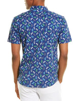 Loft 604 Blue Birds Print Stretch Knit Short Sleeve Button Up Shirt