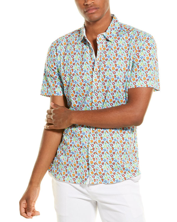 Loft 604 Turquoise Acqua Beach Print Knit Short Sleeve Button Up Shirt