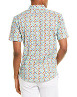 Loft 604 Turquoise Acqua Beach Print Knit Short Sleeve Button Up Shirt