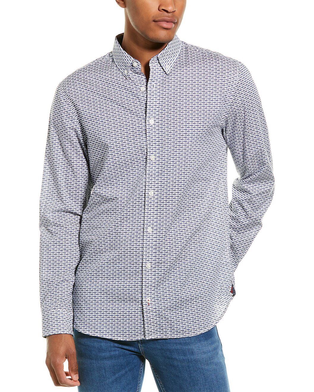 GILT,Joules, Joules Blue Geo Shark Print Button Up Shirt, White, Medium-44-TagMSmall-40-TagS