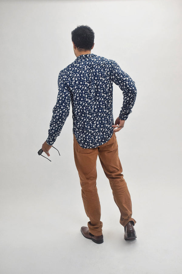 Sandro Navy Floral Print Lightweight Long Sleeve Button Up Shirt