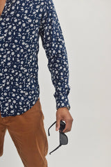 Sandro Navy Floral Print Lightweight Long Sleeve Button Up Shirt