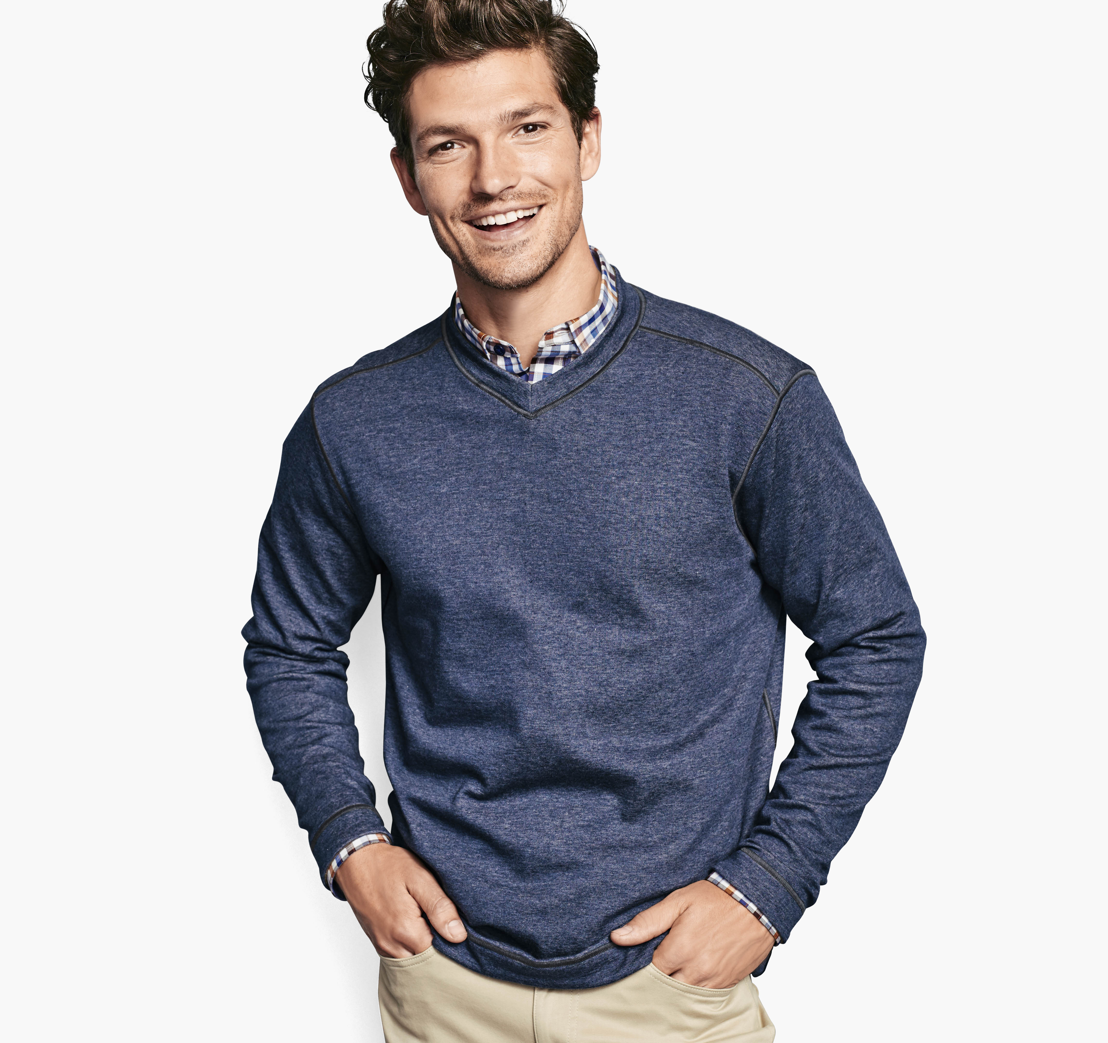 Wholesale,Johnston & Murphy, Johnston & Murphy Navy/Brown Reversible V-neck Sweatshirt, Blue, Large-44-TagM