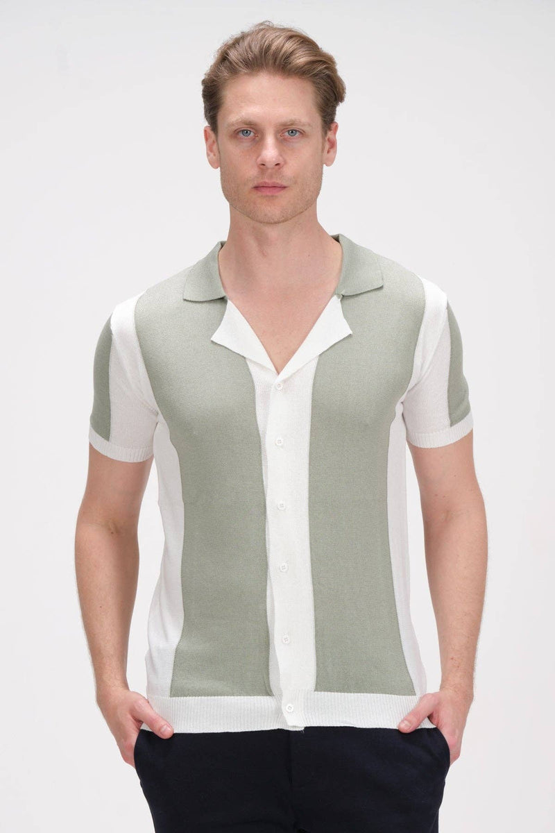 RNT 23 Green White Striped Knit Polo Shirt
