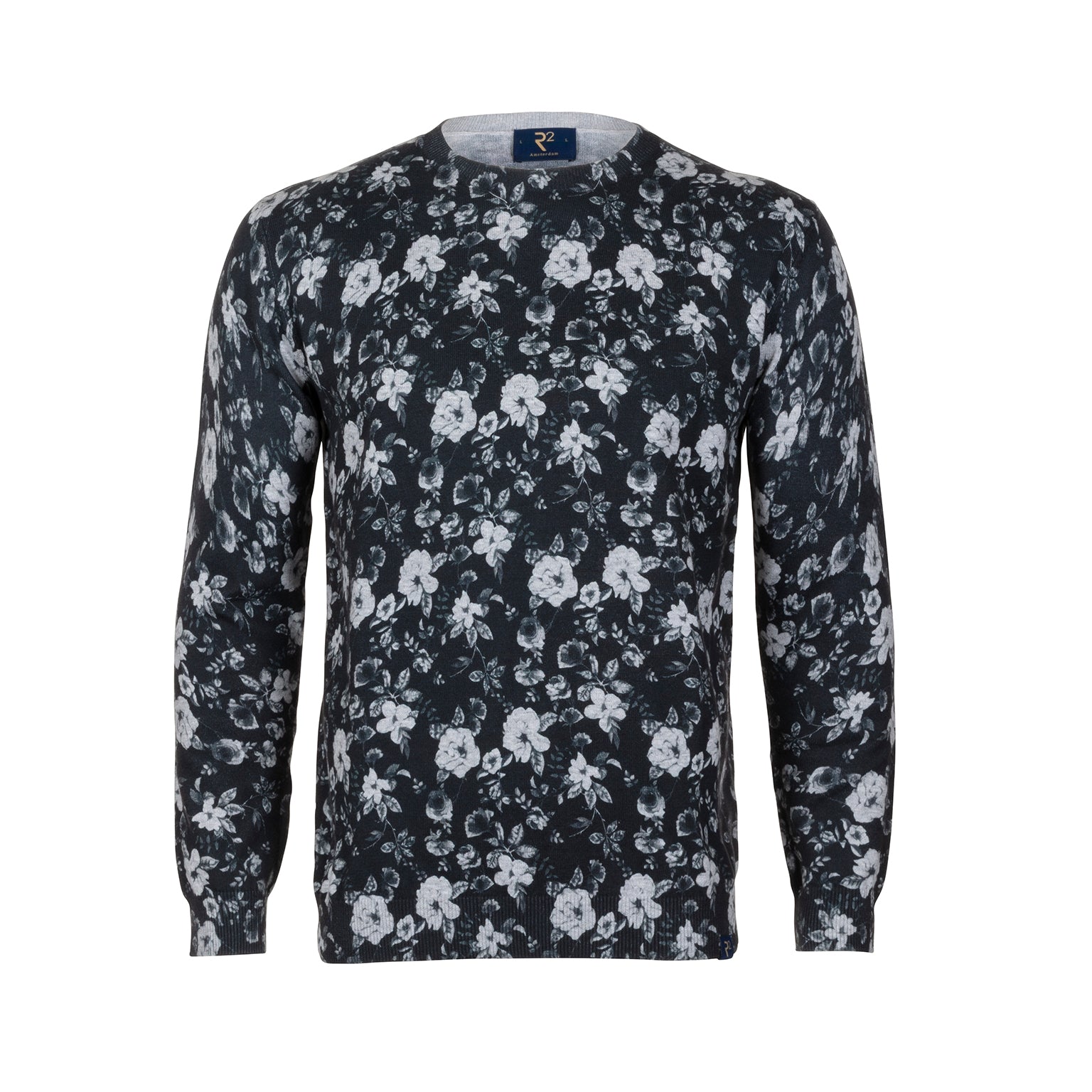 Brand Partner,R2 Amsterdam, R2 Amsterdam Grey Floral Print Crew Neck Sweater, Grey, Large-44-TagL