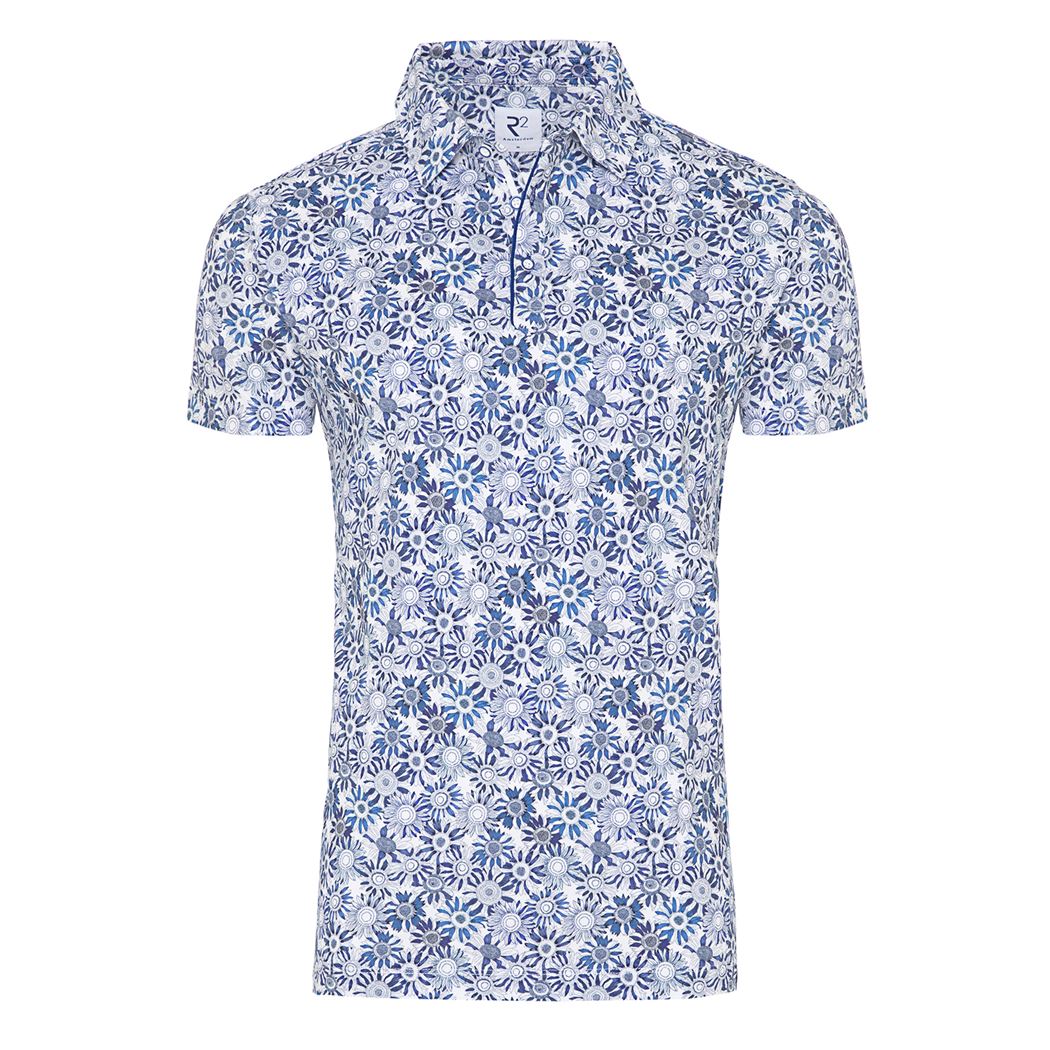 Brand Partner,R2 Amsterdam, R2 Amsterdam Blue and White Floral Short Sleeve Pique Knit Polo, Blue, Extra Small-37-TagS